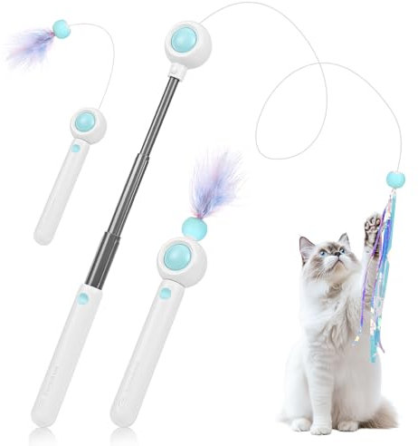 Gerbala Varita de Juguete Retráctil para Gatos, Palo de Gato Divertido con Plumas y Borlas Largas, Juguete Interactivo para Gatos (Azul)