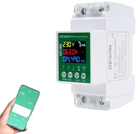 DEWIN Medidor de Consumo Electrico WiFi, 63A 230VAC Monitor de Energía Tuya WiFi Protección Automática Contra Sobretensiones Proteccion Sobretension(Con manual en español)