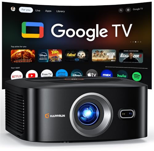 HAPPRUN Official Licensed Google TV Smart Projector, LED, Black, HDMI, USB, 3.5mm Audio, Headphone, Native 1080P, 1000 ANSI Lumens, Auto Focus, Keystone, Portable for Home Cinema, Bedroom, Outdoor