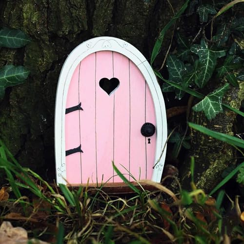 Gxdamxz Feentür Holz, Wichteltür für Baum & Garten - Rosa, 10x8cm
