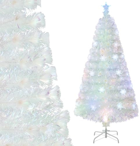 GYMAX 4FT/5FT/6FT/7FT Fiber Optic Christmas Tree, White Artificial Pre-lit Xmas Tree with Top Star Light, Multi-color Snowflake Lights, 130/170/230/270 Branch Tips, Party Home Decoration Tree (120cm)