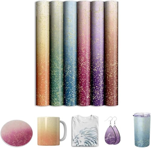 Glitter Sublimation Transfer Ink Sheets for Cricut Heat Press Machine,Ombre Infusible Sheets for Blanks Mug Tumbler T-Shirt Tote Bag,6 Sheets 12x10inch