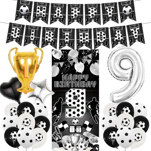 FußBall Deko Geburtstag 9. Junge - 24 StüCk Schwarz Silber Geburtstagsdeko | Banner Hintergrundtuch Luftballon Folienballon für Kinder Fussball Party Kindergeburtstag Dekorationen