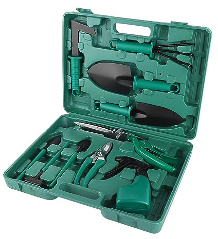 Phefop Gartenwerkzeug-Set, Gartengeräte aus Eisen mit Organizer-Box, Ideal für die Gartenpflege und Blumenpflege