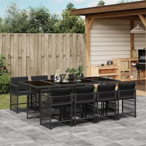 QJBSAVVA Ensemble salle à manger d'extérieur en polyrotin noir, 220 x 106 x 73 cm, chaises pliantes, coussins d'assise rembourrés épais, table de jardin en verre trempé, peu encombrant pour balcon