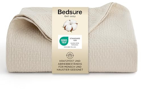 BEDSURE Tagesdecke 100% Baumwolle Kuscheldecke Hundedecke - Baumwolldecke mit Rautenmuster Haustierfreundlich, Scheuerfest, Nicht Fadenziehend Ideal für Sofa, Musselin Decke, Beige, 150x200 cm