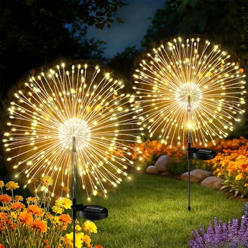 2x Gartendeko Solar Gartenleuchte Außen,150 LED Solarleuchten Feuerwerk | 8 Modi Solar Feuerwerk Leuchten Garten Wetterfest,Wetterfest Pusteblume Solarlampen,für Rasen Patio Yard /Warmes Weiß