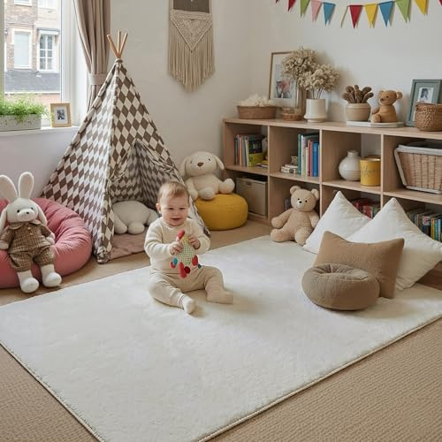 PureCozy Teppich Wohnzimmer 120x180cm Beige Waschbarer rutschfest Weich Kunstfell Fellteppich Kurzflor Flauschiger Teppiche Kinderzimmer Bettvorleger Schlafzimmer Kinderteppich Großer Carpet
