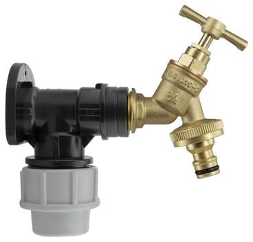 32mm MDPE Wall Flange with Brass Click-Lock Garden Tap - 3/4 Inch BSP Outlet Kit for MDPE Pipe, Hose Connection, Irrigation, Outdoor Water Supply and Garden Plumbing