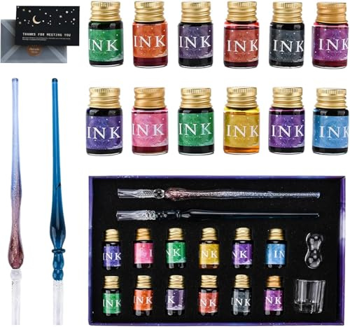 JOTOL Glasfeder,Glas Dip Pen und Tinte,Kalligraphie Dip Pens,Kalligraphie Stifte Set mit 12 bunten Tinten für Kunst,Schreiben,Zeichnung,Unterschriften,Dekoration,Geschenk für Anfänger und Künstler