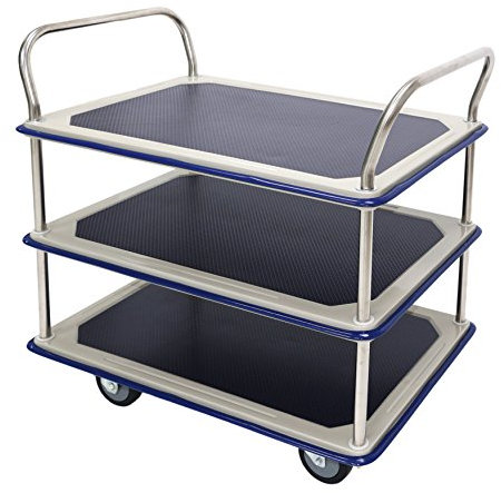 T-EQUIP TW-230 Etagenwagen, verchromt, 3 Etagen, LxBxH: 914 mm x 610 mm x 950 mm, Tragfähigkeit 370 kg, Edelstahl/Blau