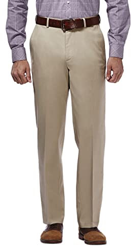 Haggar mensHC10884Premium No Iron Classic Fit Expandable Waist Plain Front Casual Pants - Beige - 34W x 30L