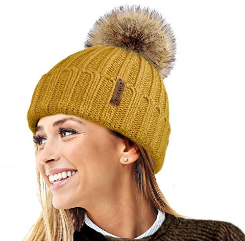 TOSKATOK® Womens Winter-Rib Strickmütze/Beanie mit abnehmbaren Chunky Faux Fur Bobble Pom Pom-Mustard