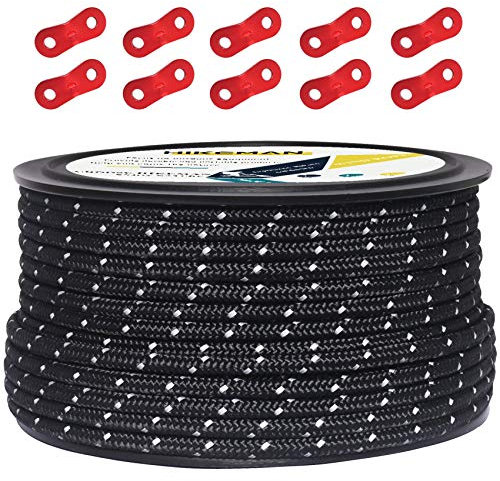HIKEMAN 50M reflektierende Schnur Guy Seile Outdoor Zelt Führungsseil 100% Nylon Schnur Windlinie mit 10 Stück Aluminiumlegierung Spanner für Camping (Black, Diameter 5 mm)