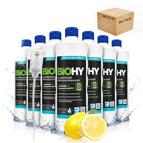 BiOHY Glasreiniger für Fenstersauger (9 x 1 Liter) + Dosierer | Fensterreiniger Konzentrat für alle Fenstersauger | Bio Reinigungsmittel sorgt für streifenfreien Glanz | Glasreiniger