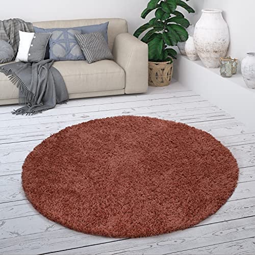 Paco Home Alfombra De Pelo Largo, Suave Moderna Salón Shaggy En Diseño Flokati, Monocolor, tamaño:Ø 120 cm Redondo, Color:Óxido 1