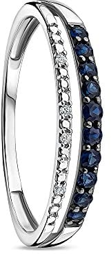Orovi Schmuck Damen 0.01 Ct Diamant zweireihiger Ring Weißgold mit eine Reihe aus 10 Edelsteine blauer Saphir und eine Reihe aus 4 Diamanten Brillanten Ewigkeitsrings 9 Karat (375) Gold