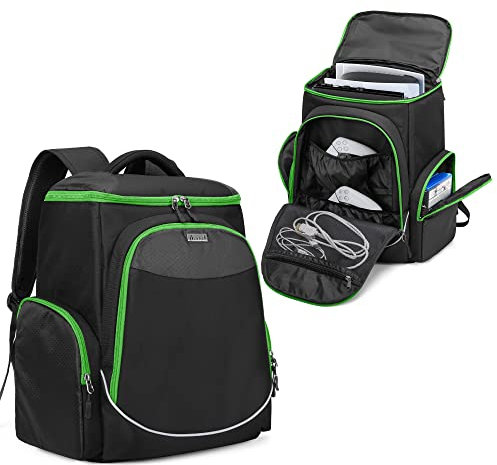 Trunab Console Carry Bag Backpack Compatible with PS5/PS4/PS4 Pro/PS4 Slim/Xbox One X/S, Travel Case with Multiple Pockets for 15.6” Laptop, Game Accessories, Green, Patented Design