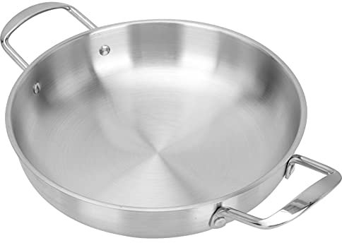 Cabilock Pfanne Bratpfanne Spanische Paella Pfanne Servierpfanne Backofenfest Edelstahlpfanne Edelstahl Universalpfanne mit 2 Griffen 26CM