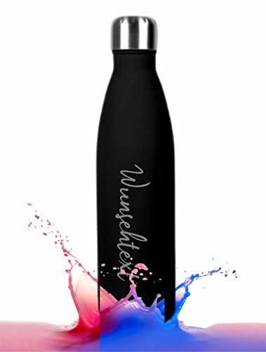 Personalisierbare Trinkflasche aus Edelstahl | Perfekter Begleiter für Sport, Schule, Outdoor Aktivitäten | Lasergravur von Wunschtext und Wunschmotiv | 0,5 l (Schwarz)