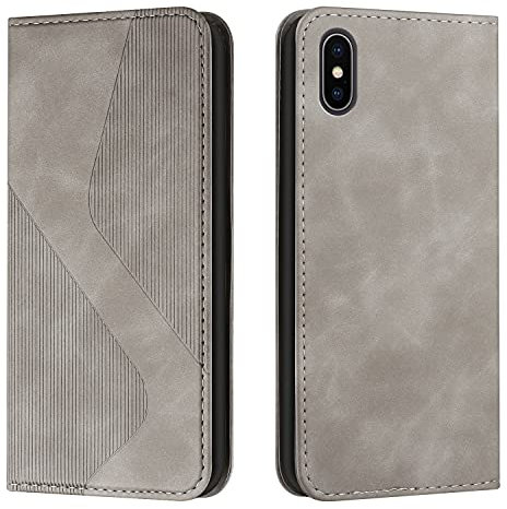 Mo-Somnus Compatible with iPhone XS/iPhone X Case, Shockproof Wallet Case PU Leather with Card Holder Folding Stand Magnetic Protect Flip Cover for iPhone XS/X (5.8 Inch) Phone Cases (Gray)