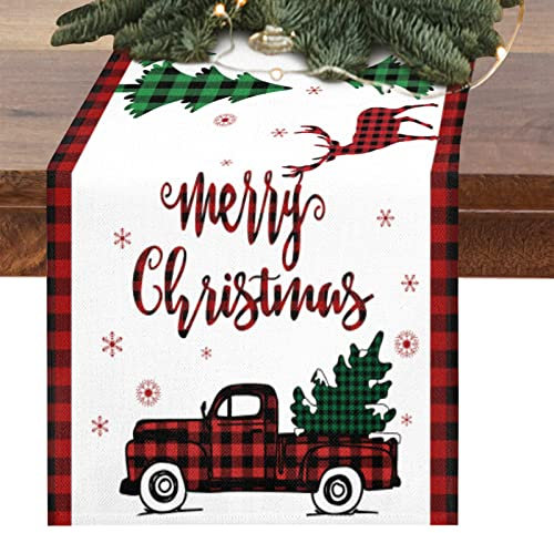 Jbralid Chemin de table camion de Noël, arbre de Noël, bonhomme de neige, rouge et noir, chemin de table à carreaux pour table, ferme, cuisine, salle à manger, décoration de fête d'intérieur, 33 x 183