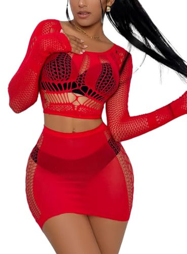Buitifo Women Lingerie Set Sexy Mesh Two Piece Sets Long Sleeve Tops and Bodycon Skirts Sleepwear Nightwear Set(Red,M)