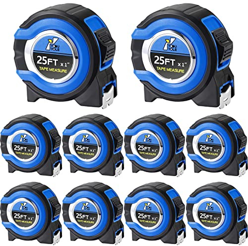 Youyole 10 Pack Tape Measure with Fractions 1/8 Steel Measuring Tape Retractable Easy Read Measurement Ruler Steel Power Blade (25 ft X 1 in,Blue)