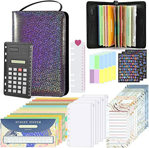 A6 Budget Binder mit Reißverschluss, mit 12 Pcs Binder Taschen, 12 Budgetplanungsblätte, 80 Budget-Beilagen, Englische Aufkleber, Lineal und Haftnotizen, Für Financial Planner