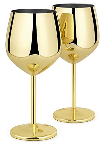 Livole Cocktailgläser aus Edelstahl, Rotweingläser mit Stiel, Unzerbrechlich Weingläser, 18Oz 550ml Sektgläser, Champagner Gläser Set für Partys, Picknicks, Camping, Gold (2er Pack)