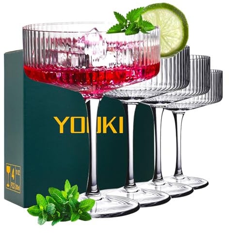 YOUKI Lot de 4 verres à cocktail, à martini, à margarita, à expresso, à longue tige, pour vin, fête (300 ml)