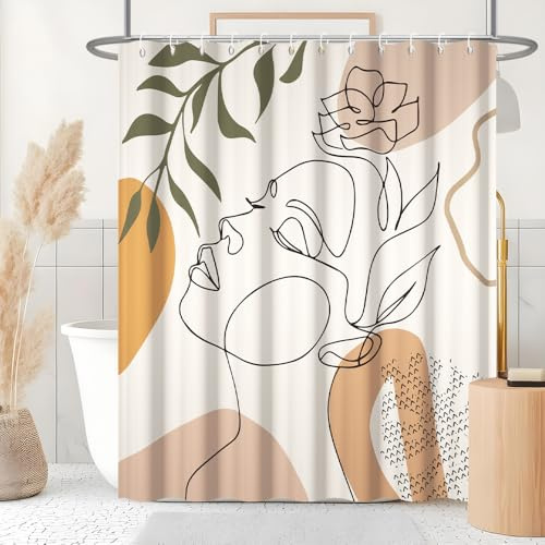 Uiiooazy Rideau Douche Anti Moisissure, Rideau de Douche 180x180cm Orange Boheme Feuilles Vert Visage Abstrait Rideaux de Baignoire Imperméable Tissu Lavable Rideaux Salle de Bain avec 12 Crochets