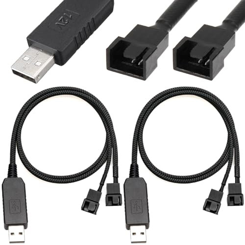 Xiatiaosann Full Speed 12V Step-Up USB Male to Dual 4-Pin Male PC Fan Connector Cable, USB A to Dual 3Pin/4Pin Sleeved Power Adapter Cable (50cm/20inches, 2 Pack)