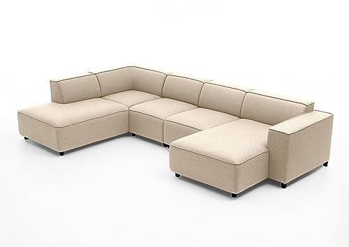 Atlantic Home Collection Bulky Wohnlandschaft Ecksofa, Récamière Links, Stoff, Creme, 195 x 324 x 70 cm,