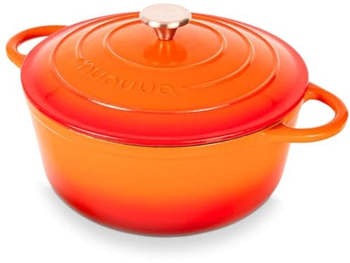 Cast Iron Dutch Oven with Lid – Non-Stick Ovenproof, Enamelled Casserole Pot –Oven Safe up to 500° F Sturdy Dutch Oven Cookware – Orange, 6.4-Quart, 28cm – by Nuovva