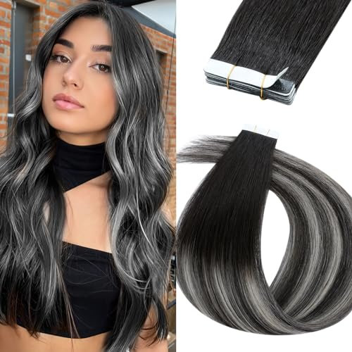 UK-Fashion-Shop Tape Extensions Echthaar - Haarverlängerung 100% Echthaar Extensions Tape In glatt 45cm 25g #1BT1BPGrey Natürliches Schwarz & Grau