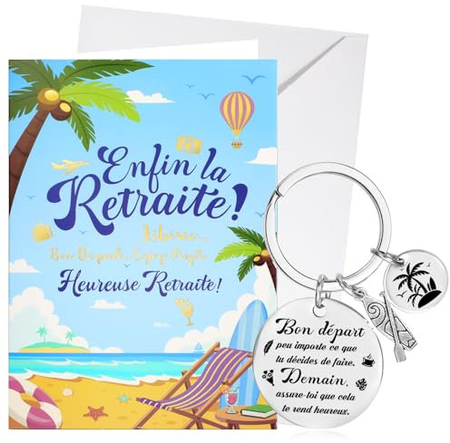 DPKOW Porte-Clés Carte Départ Retraite avec Enveloppe, Carte de Vœux Heureuse Retraite Porte-Clés Cadeau pour Femme Homme Départ Retraite Collegue, Enfin la Retraite, en Or Brillant