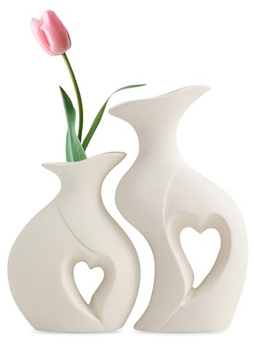 2 Pcs Keramik Vase Weiß Modern - Deko Körpervase für Blumen, Trockenblumen, Esstisch, Büro, Fensterbank und Wohnungsdeko