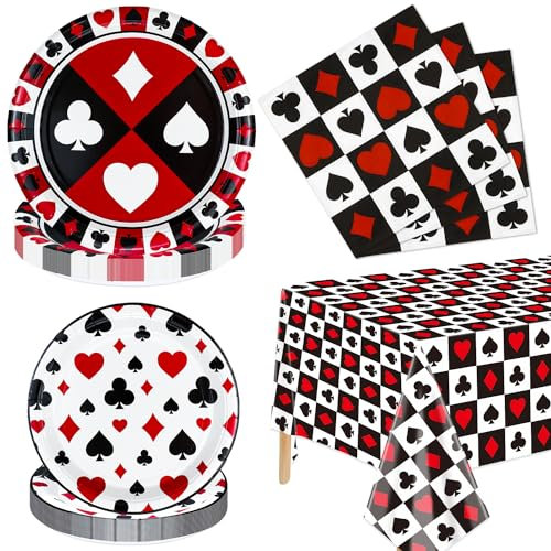 61Pcs Casino Party Decorations - Poker Birthday Tableware Set Includes Poker Themed Plates, Napkins, Tablecloth for Las Vegas Casino Themed Party Supplies, Serves 20 Guests