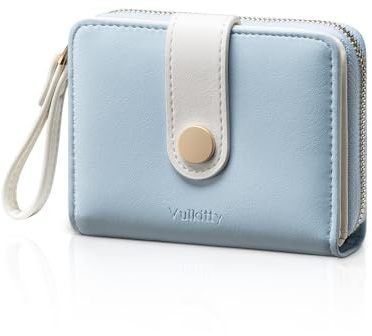 Vulkitty Portefeuille fin en cuir à deux volets pour femme - Petit sac à main compact pour cartes de crédit avec fenêtre pour carte d'identité, poche zippée pour pièces de monnaie et cordon, bleu,