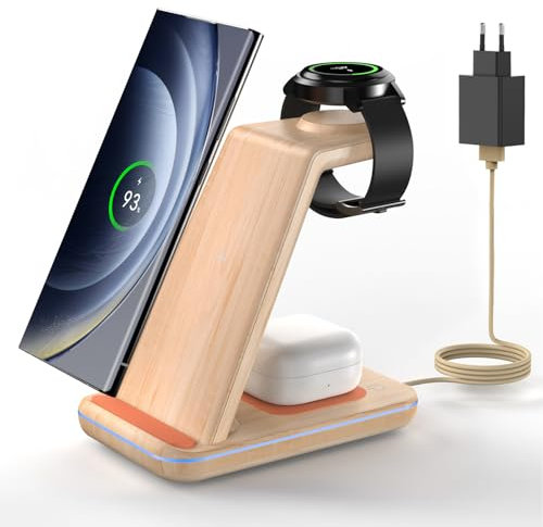 JoyGeek Station de Charge pour Samsung, 3 en 1 Chargeur Induction para Samsung S25/S24/S23/S22/S21/ZFlip/Fold, Chargeur sans fil para Galaxy Watch Ultra/7/6/5/4, Wireless Charger para Galaxy Buds-Bois