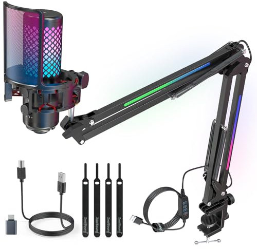 zealsound Gaming Microphone with Arm, All-Metal-Built RGB USB Condenser Mic for PC, Mac, Phone, PS5, with RGB Boom Arm, Gain Knob, Shock Mount, for Podcast, Recording, Gamer, Twitch, Discord, YouTuber