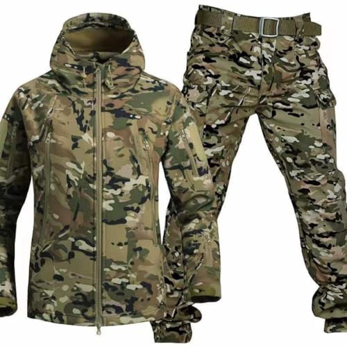 Uniforme Militaire pour Homme Camo Veste et Pantalon Ensemble Armée Combat Chasse, Veste Softshell d'hiver Chaude à Capuche pour l'Extérieur, la Randonnée