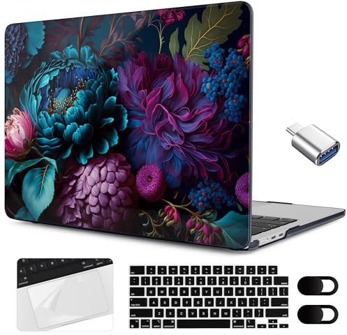 MEEgoodo Schutzhülle für M5/M4/M3/M2 MacBook Air 15 Zoll Hülle 2026 2025 2024 2023, Laptop-Hülle passend für Modell (A3448/A3241/A3114/A2941) für MacBook Air 15,4 Zoll, schöne Fantasy-Blume
