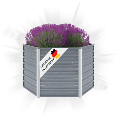 DELUKE 6-eckiges Hochbeet für Garten NOA Grau | 129x129x45cm | Verzinkter Stahl | Wetterfest | Gartenbeet Kräuterbeet Blumenbeet Beet hoch Frühbeet für Garten Gemüsebeet