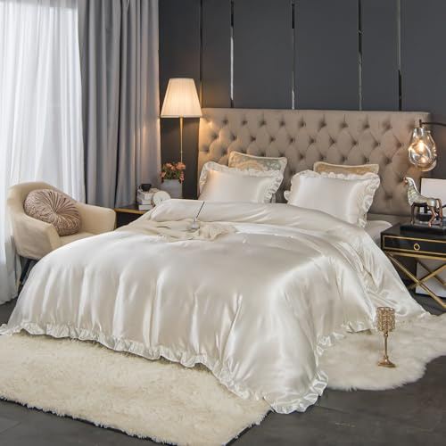 Herside Weißes Satin-Bettwäsche-Set, Rüschen, einfarbig, seidenähnliches Satin, Rüschen-Design, seidiges Bettwäsche-Set, Einzelbett, 1 Bettdeckenbezug, 1 Kissenbezug (Weiß, UK-Single)