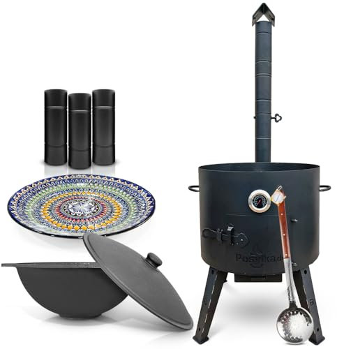 Utschak Feuerofen mit Thermometer Schornsteinverlängerung, Gusseisen Topf flacher Boden mit Deckel (22 L) Schaumlöffel, Lagan KazanoFF, Учаг, Kazan (Set 2)