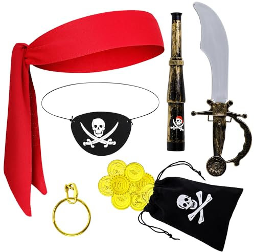 Orgoue 7Stück Piratenkostüm Kinder, Augenklappe Pirat Piraten Kostüm Kinder Piraten Bandana Stirnband Augenklappe Fernglas Für Karneval (Fashion)