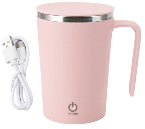 Haofy Stainless Steel Self Stirring Coffee Mug, 12oz Electric Rechargeable Automatic Mixing Cup with Lid, Reusable Magnetic Stirrer for Home, Office and Car (Pink)