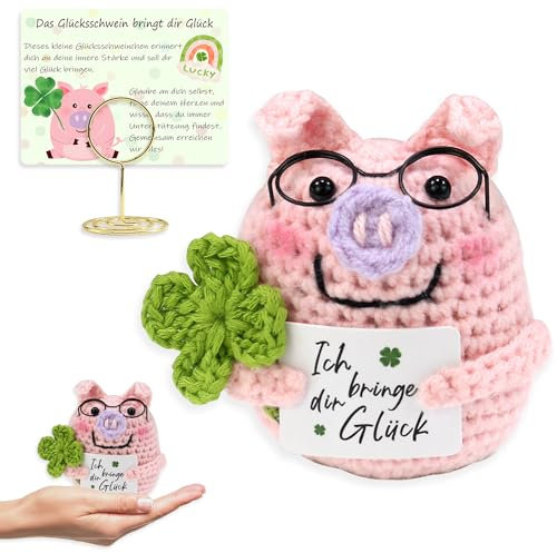 EureKaEr Pocket Hug Glücksschweinchen, Positive Glücksschweinchen mit Gehäkelter Glücksklee, Strickwolle Schwein mit Energiekarte, Glücksschwein, Mutmacher Prüfung Geschenk